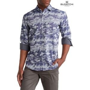 BUGATCHI MEN NWT WINDOWPANE L/S CLASSIC SHAPED FIT NAVY COTTON SHIRT. SIZE XL